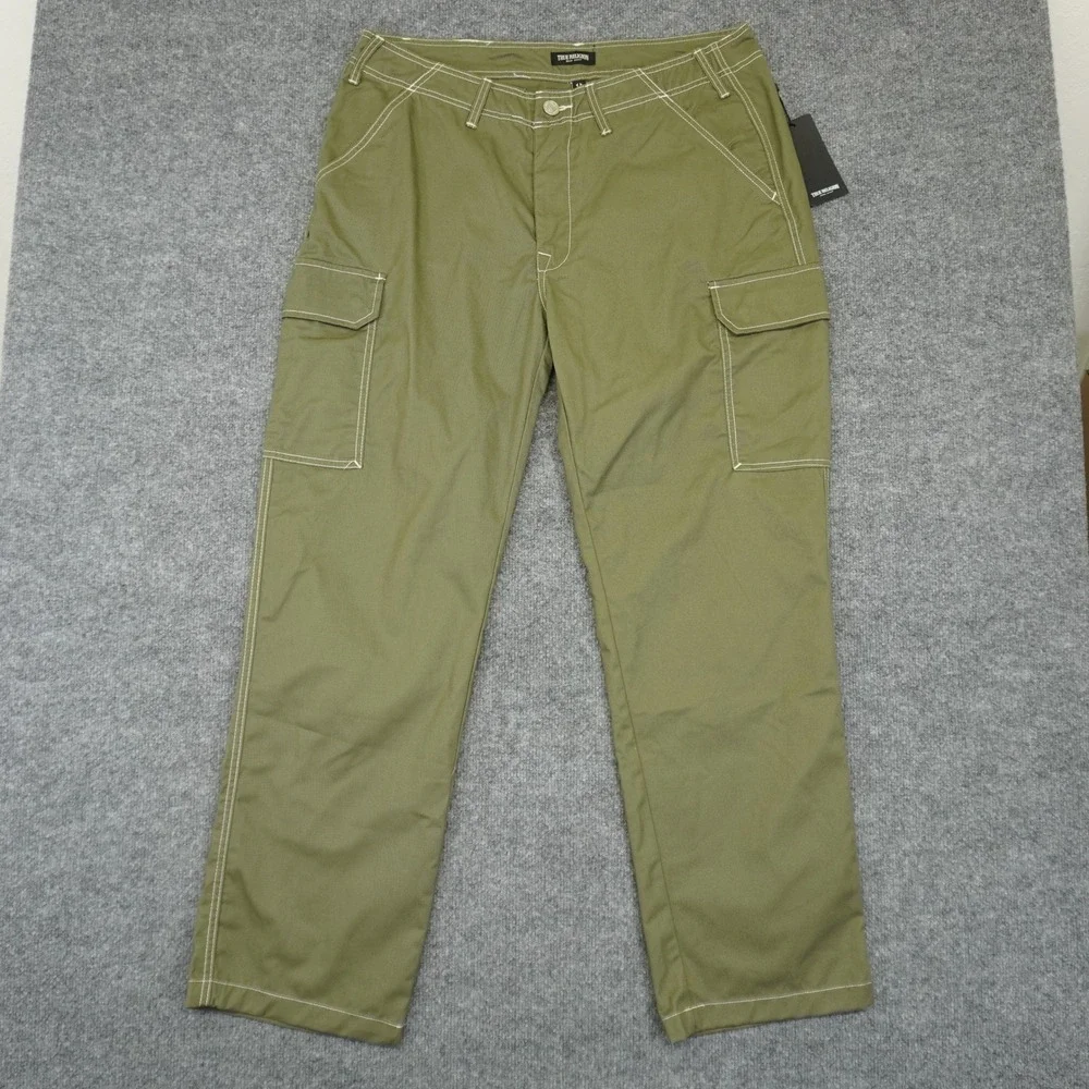 NEW True Religion Cargo Pants Mens 36 Green Contrast Stitch Straight Leg